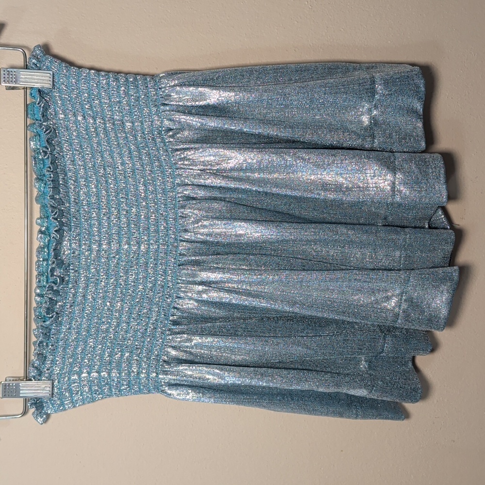 Queen of Sparkles Metallic Swing Shorts Silver Blue High Waist Women's Size L - Picture 4 of 6